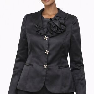 Kasper Black Satin Blazer with Floral Jewel Buttons